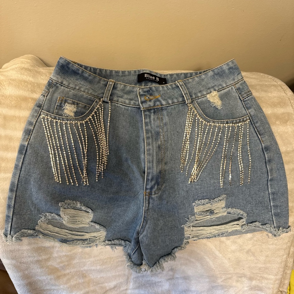 Women's Distressed Denim Shorts with Rhinestone Fringe